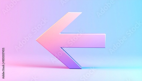 Three-dimensional left-pointing arrow in gradient pink and purple hues on soft blue-pink background with depth shading.