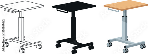 Set of adjustable height rolling tables modern mobile desk designs in outline black silhouette and wood finish for versatile use