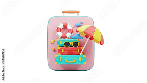 Summer Vacation Suitcase with Accessories, Isolated on White Background
