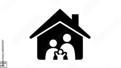 Black silhouette of a house with two people holding a key