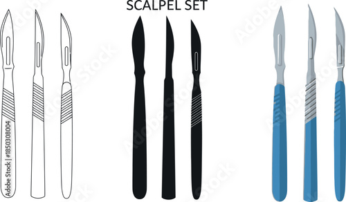 Scalpel set with different handle designs including outline black and blue grips isolated on white background for medical illustration or surgical tools concept
