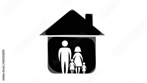Black silhouette of a family with parents and two children under a house roof
