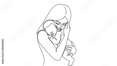 A line drawing of a woman holding a baby close to her face in a loving embrace with gentle touch