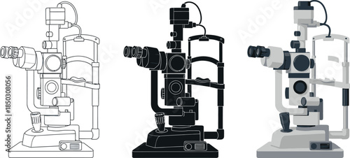 Collection of ophthalmic slit lamp illustrations representing different styles for eye care and medical technology concepts isolated on white