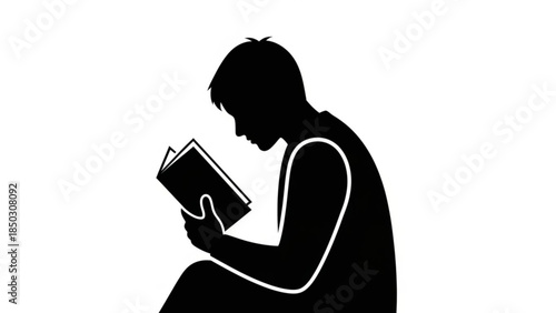 Black silhouette of a person reading a book in a simple graphic illustration style