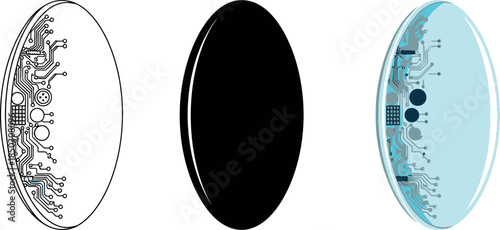 Set of three oval electronic circuit board designs including a line art solid black and blue translucent version for technology concepts