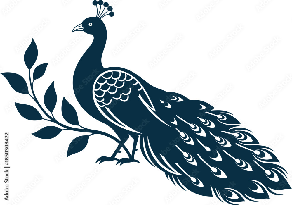 Obraz premium A majestic peacock standing beside a leafy branch with its vibrant plumage on full display in a striking black and white illustration