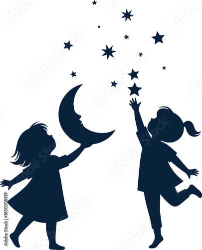 Two girls silhouettes releasing stars and moon into the sky on a white background