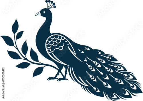 A majestic peacock standing beside a leafy branch with its vibrant plumage on full display in a striking black and white illustration