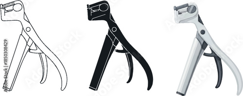 Set of three veterinary surgical instruments including a wire twister and pliers in outline silhouette and realistic styles isolated on white