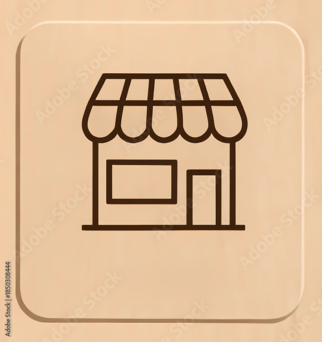 Storefront Outline Icon on Wooden Background: Simple outlined icon of a small shop or a store on wood texture, symbolizing retail, commerce, and small business concepts.