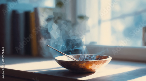 窓際で香炉から立ちのぼる香りが、静かな時間を演出する和モダンな暮らしの情景の水彩ポリゴン