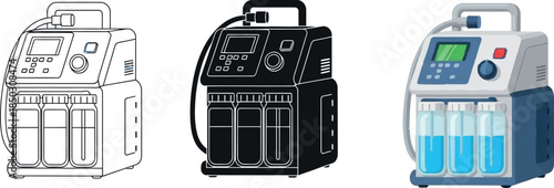 Set of medical equipment icons including a ventilator and laboratory device for healthcare and technology concepts isolated on white