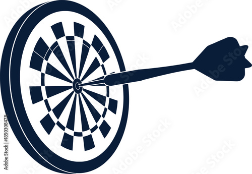A dartboard with a dart stuck in the center bullseye target for archery and darts games and sports equipment on a white background
