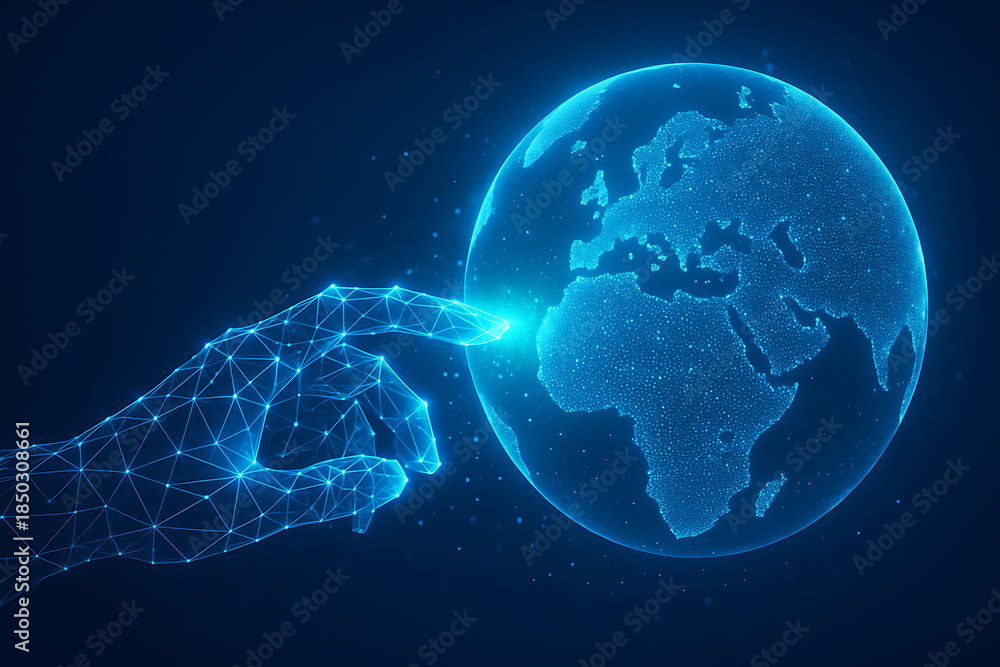Fototapeta premium Glowing blue hand interacts with digital earth map