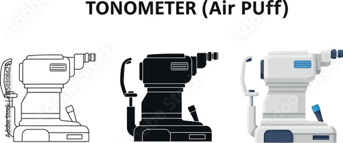 Set of tonometer air puff devices medical equipment for eye pressure measurement vector illustration for healthcare and ophthalmology