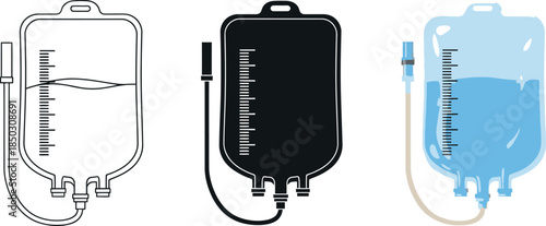 Collection of medical IV drip bags including outline solid black and blue liquid designs representing healthcare and fluid therapy