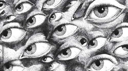 Surreal black and white illustration of numerous staring eyes forming dense abstract pattern with unsettling texture