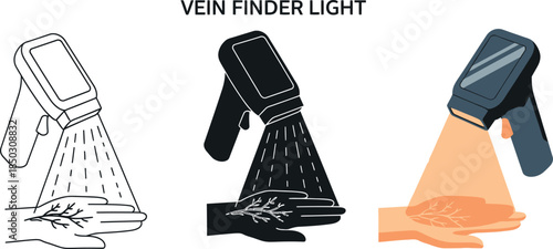 Vein finder light device illustration showing vein detection on hand vector graphics for medical and healthcare concepts