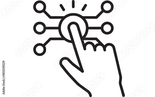 Hand pressing a button with circuit connections modern tech illustration on transparent background silhouette