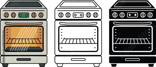 Oven silhouette & Outline and illustration set isolated on transparent background