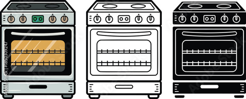 Oven silhouette & Outline and illustration set isolated on transparent background