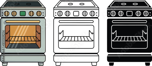Oven silhouette & Outline and illustration set isolated on transparent background