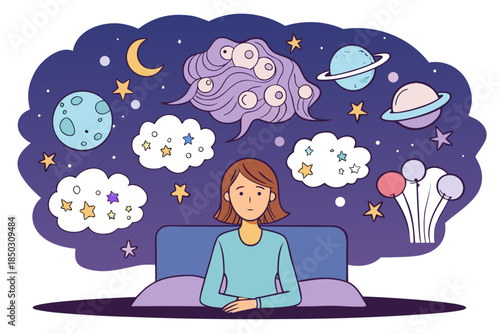 Woman in Bed with Dreams and Thoughts Illustration