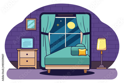 Empty Bedroom at Night, Loneliness and Sleep Problems Illustration