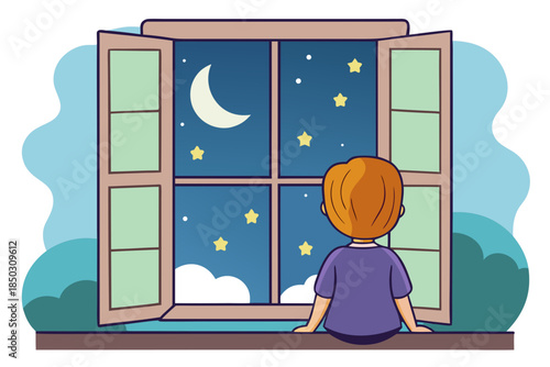 Child Looking Out Window at Night, Loneliness and Insomnia Illustration