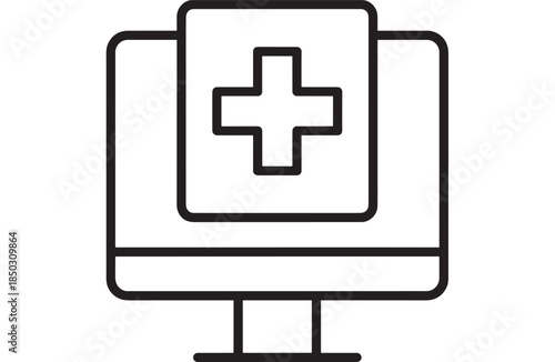 Simple medical monitor icon with a plus sign perfect for healthcare on transparent background silhouette