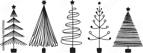 A delightful collection of five unique black line minimalist Christmas tree designs for holiday celebrations