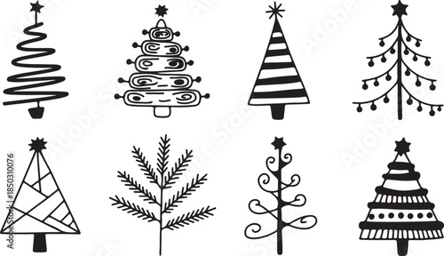 A delightful collection of eight varied hand drawn outline Christmas trees in different styles with stars