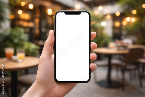 Person holding a mobile phone with a blank white screen in a blurred outdoor cafe setting with warm bokeh lights for restaurant app mockup