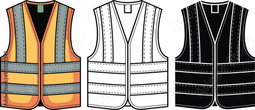 Safety vest silhouette & Outline and illustration set isolated on transparent background