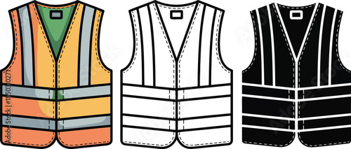 Safety vest silhouette & Outline and illustration set isolated on transparent background