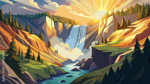 Very beautiful sunlight illuminating the mist as the Yellowstone River plunges over the Lower Falls, creating a powerful scene of motion, light, and geological grandeur within the canyon.