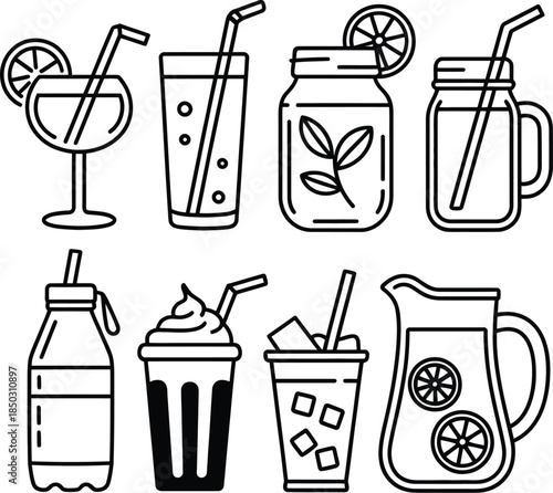 Set of colorful drink icons in glasses and bottles vector illustration