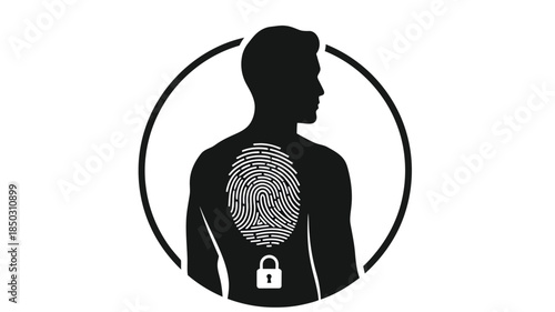 Silhouette of a person with a fingerprint and padlock within a circular frame