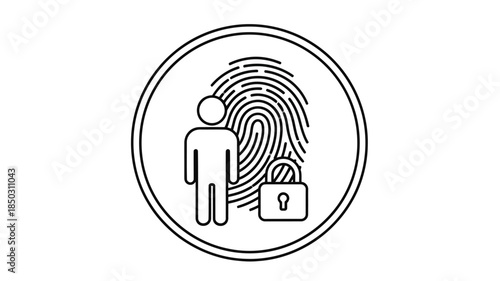A line art illustration depicting a person inside a fingerprint with a lock