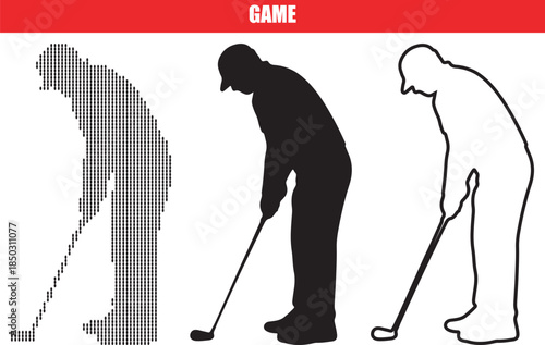 Three different graphic styles of a golfer silhouette preparing to swing a golf club.