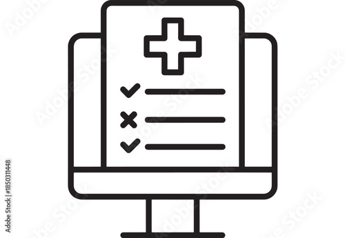 Medical record displayed on a computer screen line art on transparent background silhouette