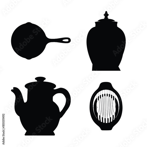 Black Silhouettes of Kitchenware and Decorative Jar on White Background Keywords: silhouette, kitchenware, teapot