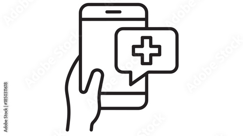 Hand holding smartphone with medical notification plus sign on transparent background silhouette
