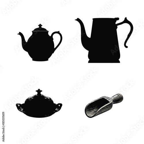 Vintage Teapots and Serving Dish Silhouettes with Wooden Scoop kitchen utensil