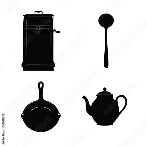 Silhouette of Kitchenware Including a Cooler, Spoon, Frying Pan, and Teapot ice chest