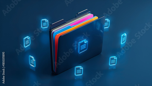 Digital folder and file management concept with glowing document icons floating around, cloud storage and data organization technology illustration for digital workspace, software system background
