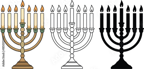 Vintage menorah with candles silhouette & Outline and illustration set isolated on transparent background