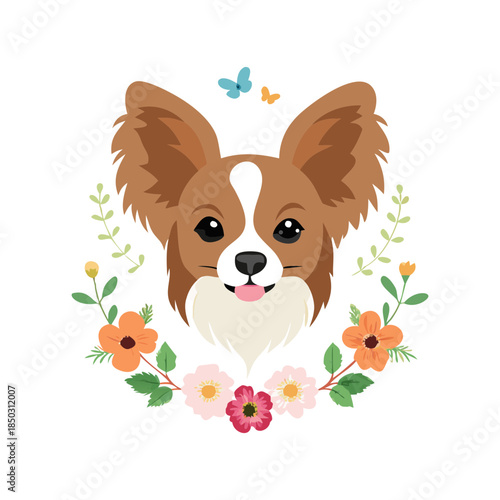 Realistic cute portrait of small fluffy dog with expressive ears charming look