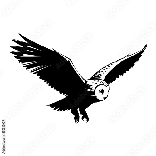 Striking illustration of a barn owl in flight contrasts black and white backgrounds, showcasing elegant minimalist design